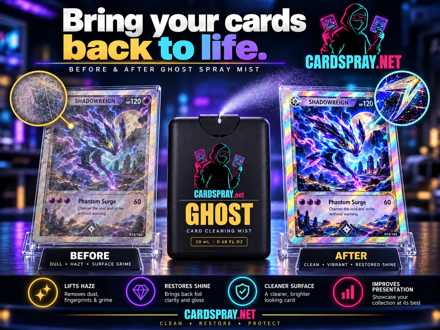 Before and after GHOST: a hazy holo card next to the same card cleaned