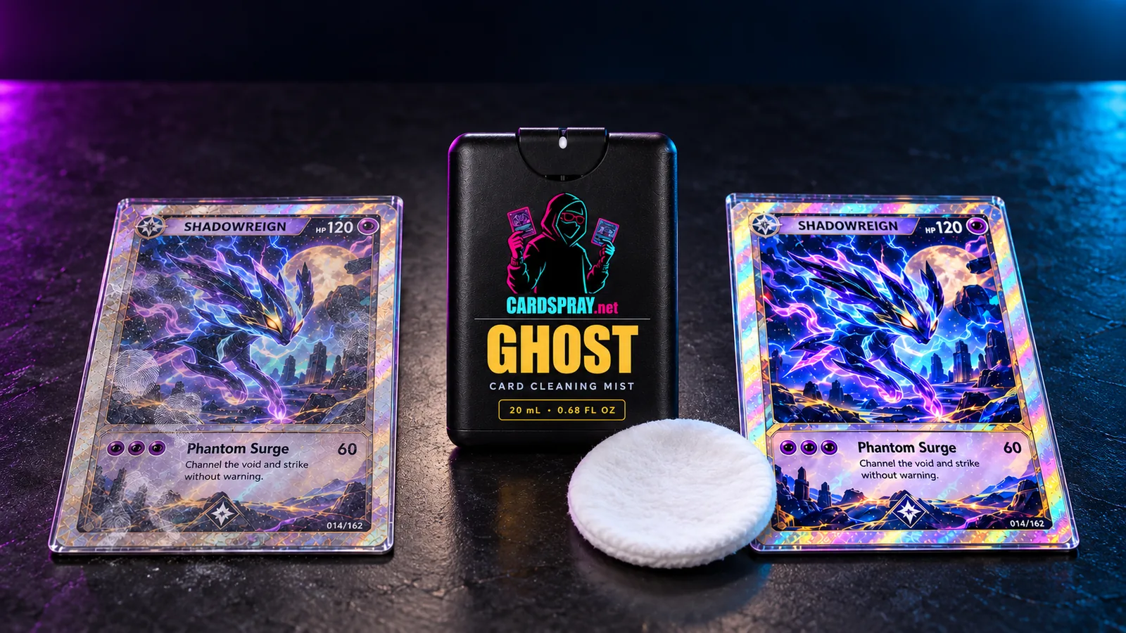 GHOST bottle between a hazy card and the same card cleaned